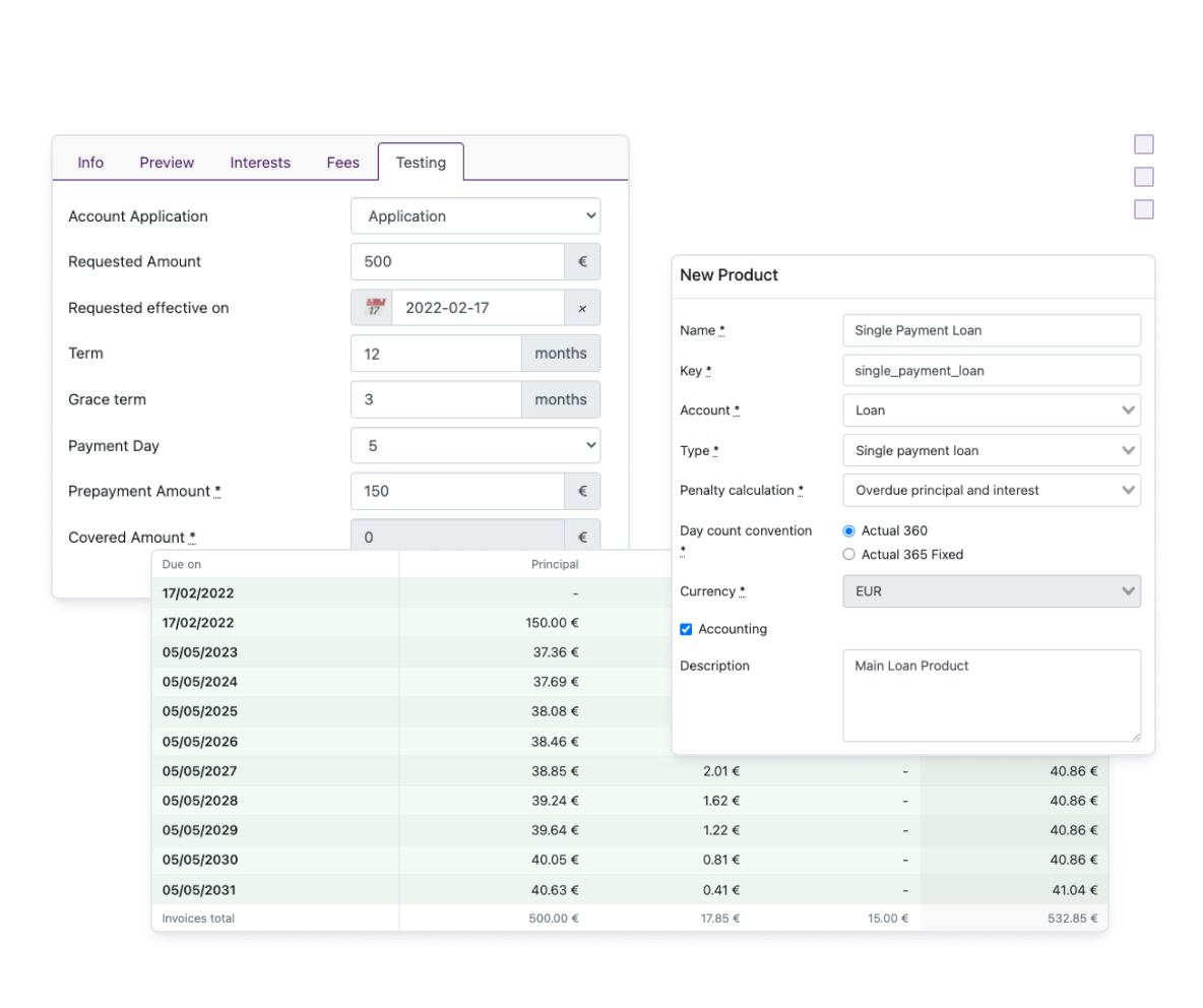 Product configuration, testing, fees